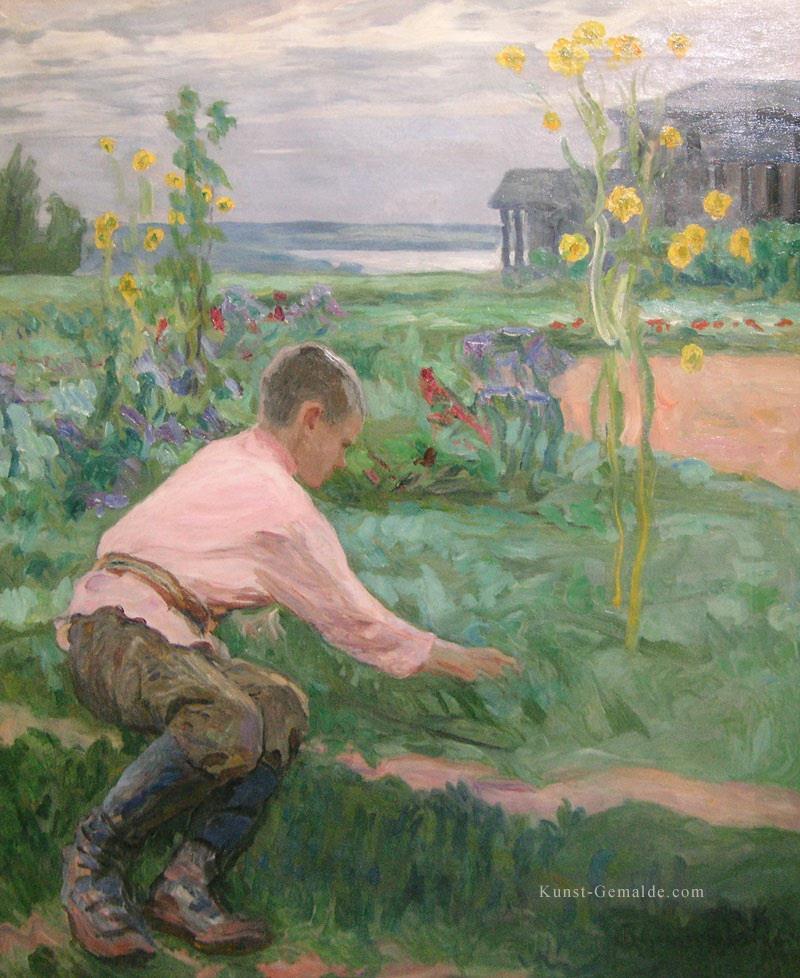 Junge auf einem Gras Nikolay Bogdanov Belsky Ölgemälde